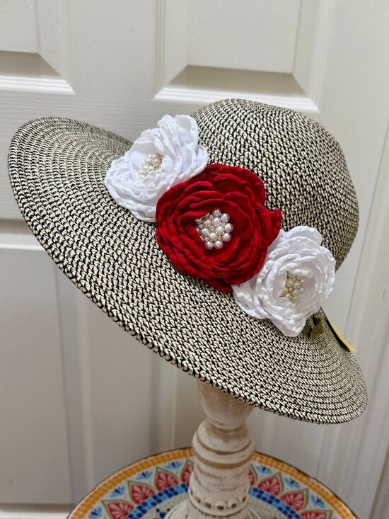 Elegant Women\'s Tweed Sun Hat With Satin Flowers And Pearls Wedding Tea Party